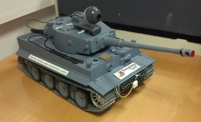 The Raspberry Tank, a model Tiger tank shown with a camera and sensors fitted