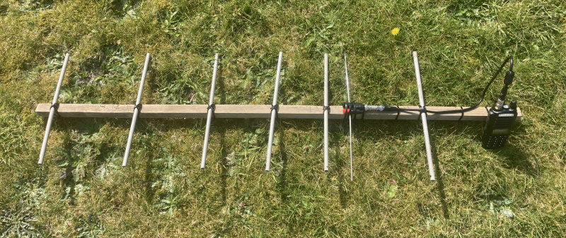 UHF Yagi antenna lying on grass